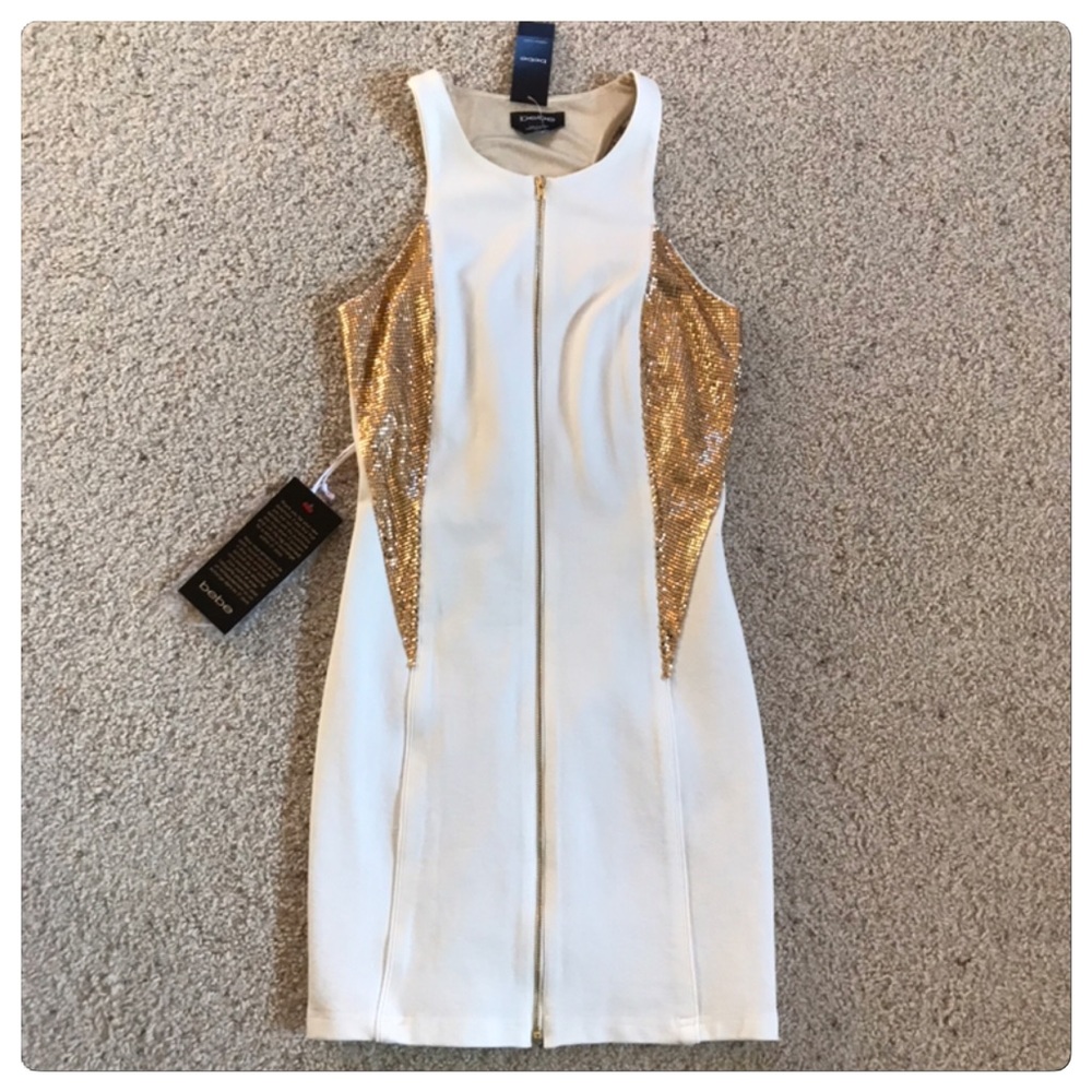 NWT, Bebe White & Gold Metal Zip Front Dress!